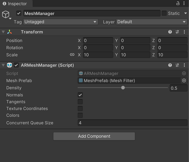  ARMeshManager script in the Unity Inspector