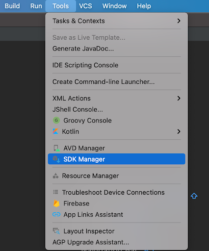 SDK Manager Option in Tools Dropdown