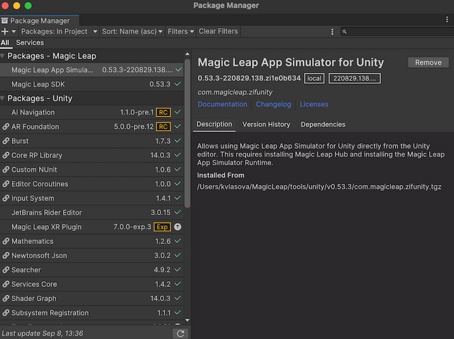The Application Simulator for Unity package is now visible