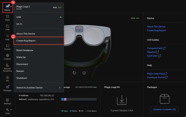  Magic Leap Hub 3 Menu Options: Device > Create Bug Report