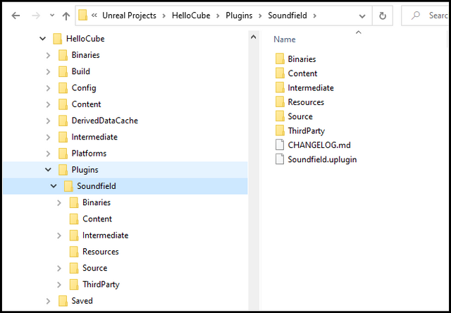 Copy the Soundfield plugin folder to the folder of an Unreal project called HelloCube.