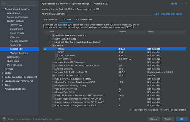 CMake Option in Android Studio