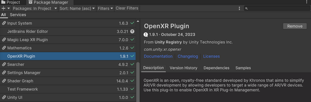 Unity OpenXR Plugin in the Package Manager