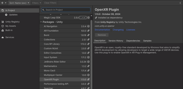 Unity OpenXR Plugin in the Package Manager