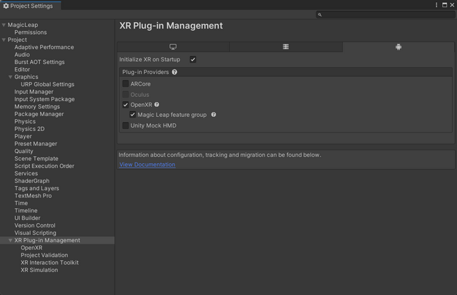 OpenXR enabled under the Android tab in XR Plug-in Management