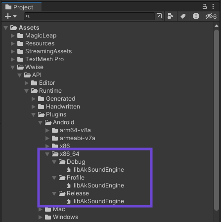  Unity asset browser showing the libAkSoundEngine.so file inside folders named Debug, Profile and Release 