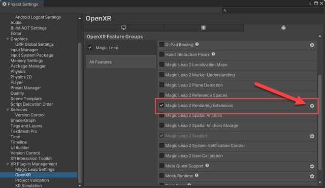 Magic Leap Rendering Extensions, with arrow pointing to the gear icon.