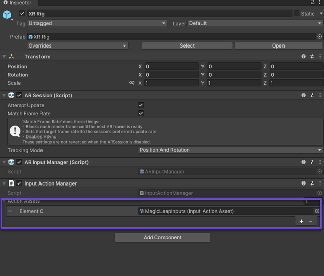The Magic Leap Inputs in the Input Action Manager script on the XR Rig prefab 