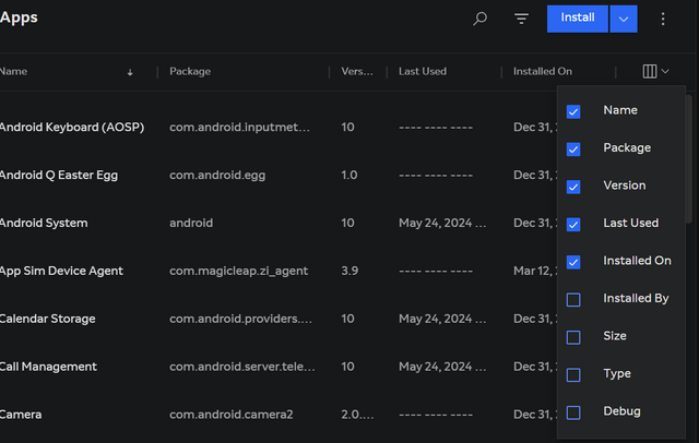 Menu for Configuring Table Columns