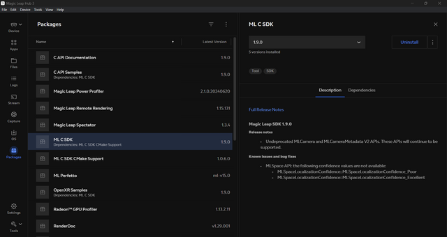 ML C SDK option highlighted in the Magic Leap Hub.