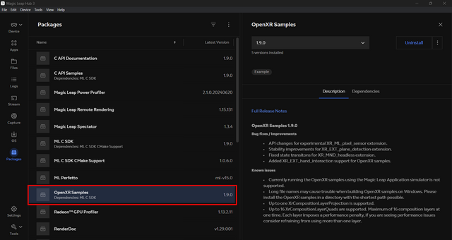 ML Hub 3 OpenXR Samples Package option outlined