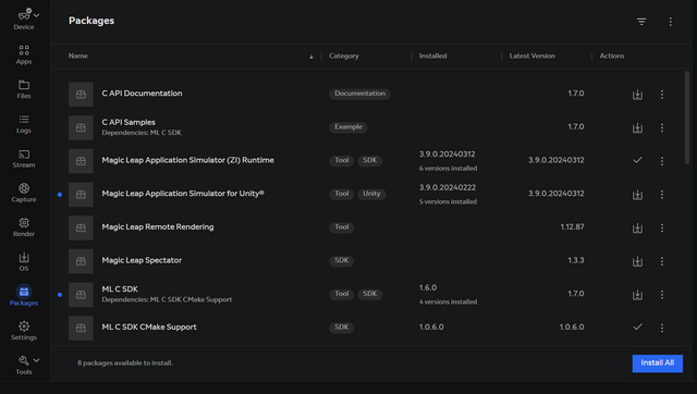 The ML Hub 3 with the Packages option selected.