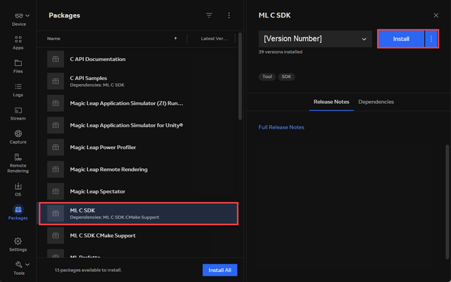 ML C SDK selected in Magic Leap Hub 3