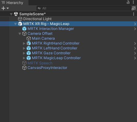 The MRTK XR Rig - MagicLeap added to the Scene Hierarchy