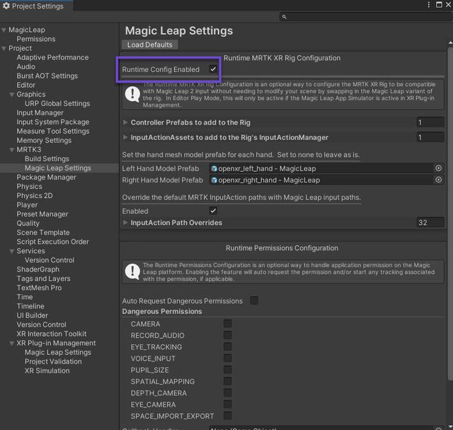 MRTK3 Magic Leap Settings with the Runtime Config option selected