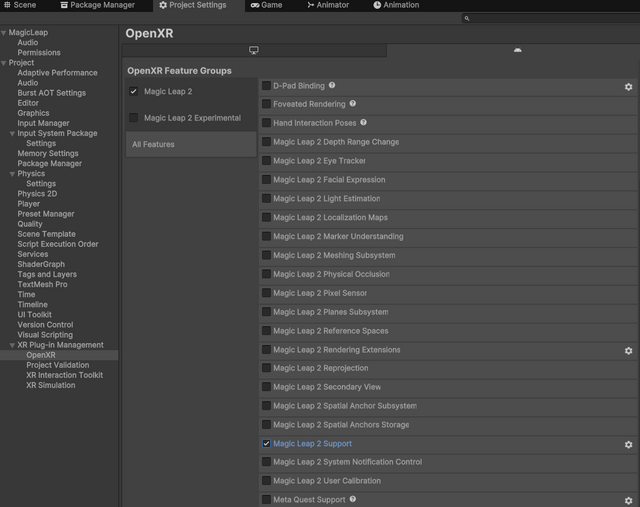 XR Plug-in Management OpenXR Magic Leap support features list