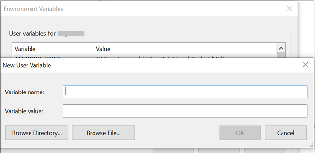 New User Variable window in Environment Variables setting