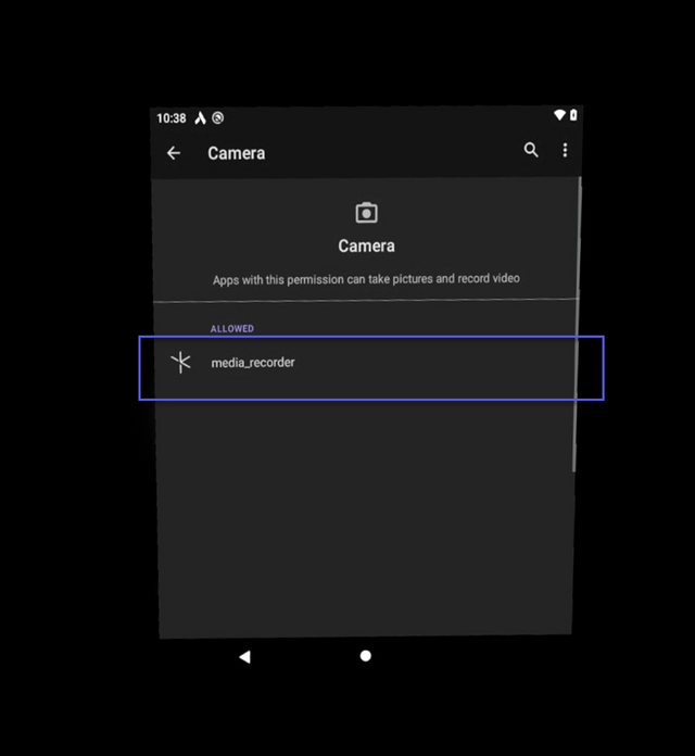 Camera Permission Settings with Media Recorder application selected