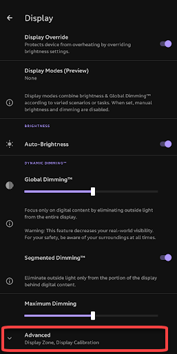 The Display setting menu with Advanced highlighted.