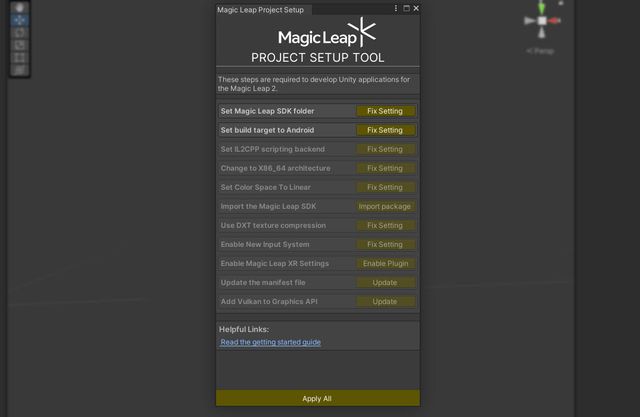 Magic Leap Project Setup Tool window