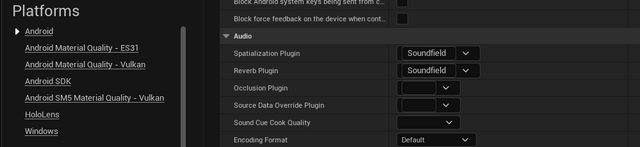 Audio plugin set to Soundfield in Android platform project settings.