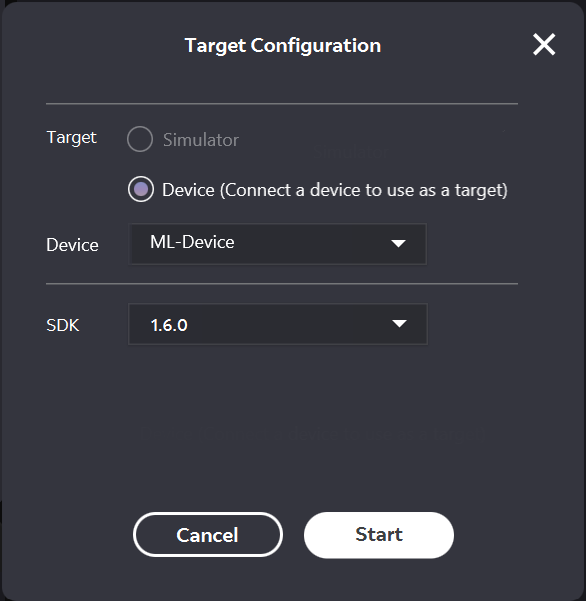 Target Configuration Panel for Device Target