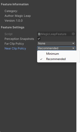 Magic Leap Support Feature Settings with the Near Clip Policy Selected.
