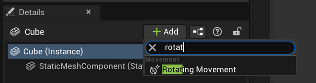 Add a RotatingMovement component to the cube instances in the Details panel