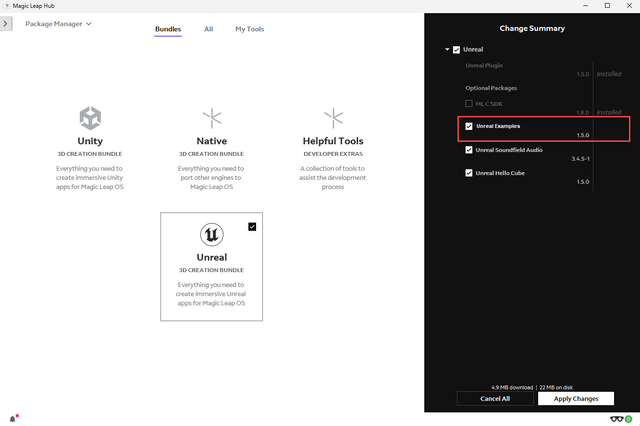 ML Hub Bundle Selection screen with Unreal Examples option outlined