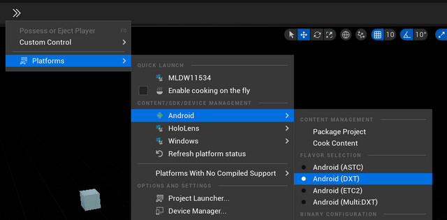 Set the build platform to Android (DXT)
