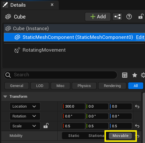 Set the StaticMeshComponent to Movable in the Details panel