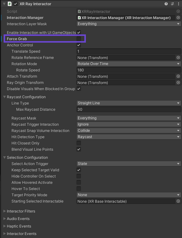 The Controller's XR Ray Interactor script settings