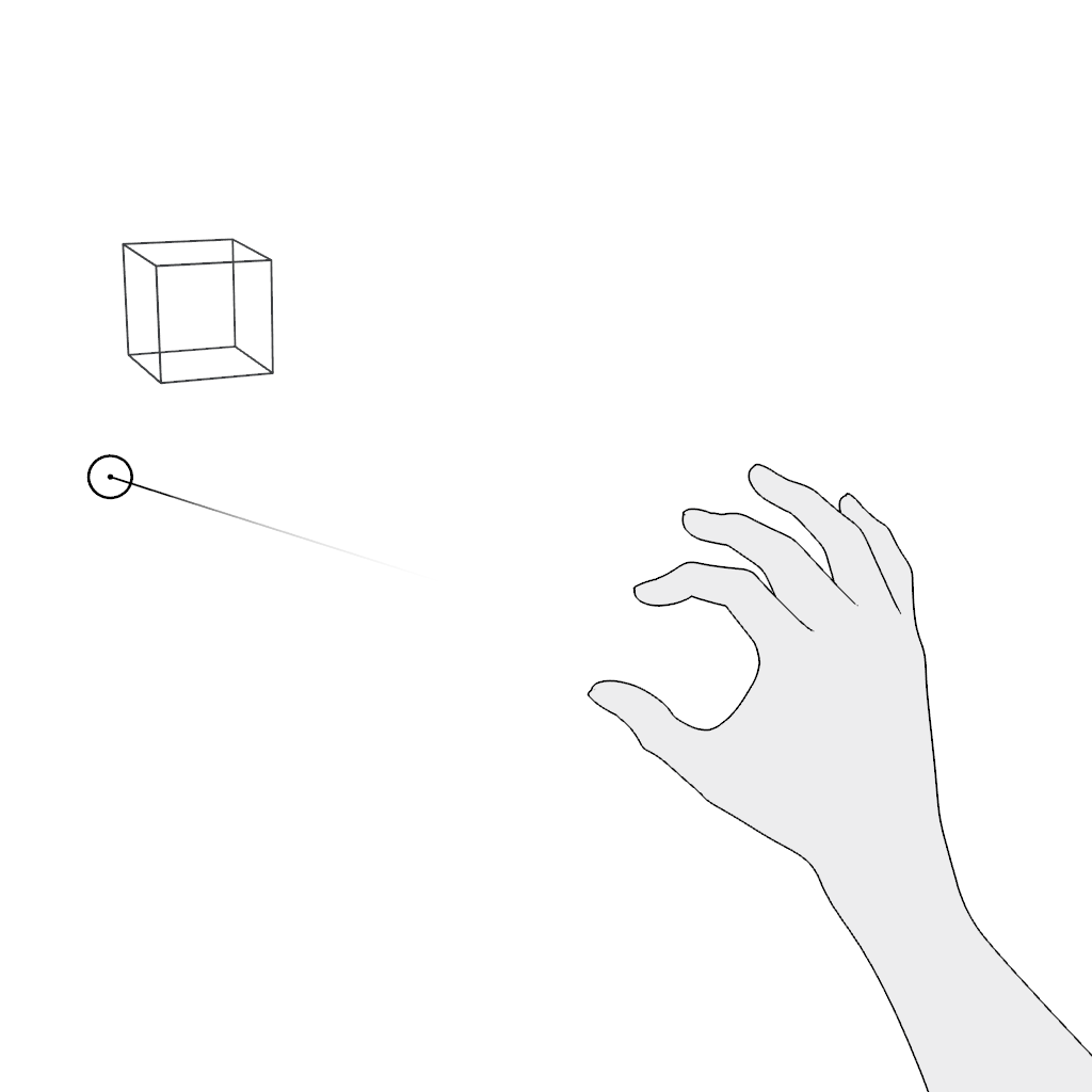 This short animation shows a user’s hand making a pinch gesture with the thumb and index finger slightly separated to aim a ray at a virtual cube and then touching the tip of the thumb and index finger together to select the cube and move it. After moving the cube to a new location, the user releases the cube by separating the tips of their thumb and index finger.