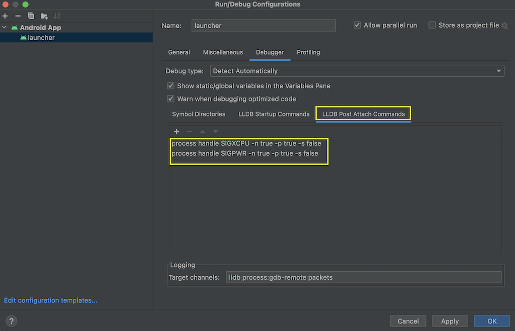 LLDB Post Attach Commands - Android Studio